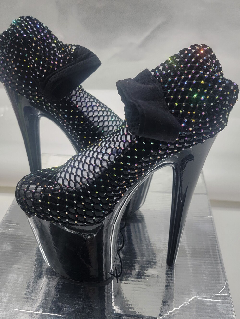 Ellie 8" Rhinestone  Platform High Heels w/ Knee High Fishnets 850-Alexis NEW!